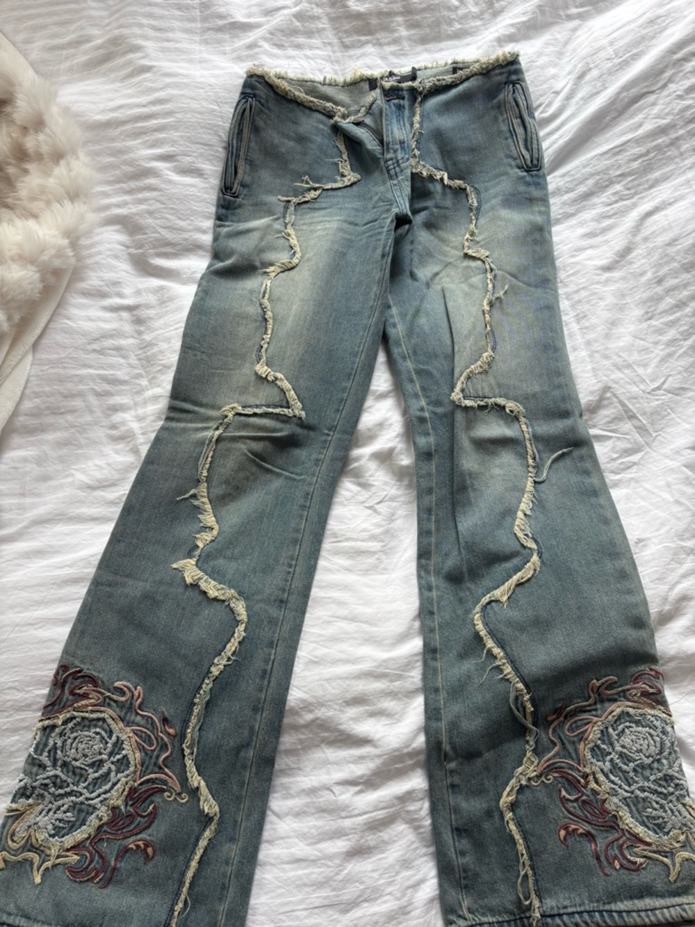 Jaded London Light Blue Distressed Flare Jeans with Embroidered Hem Details
